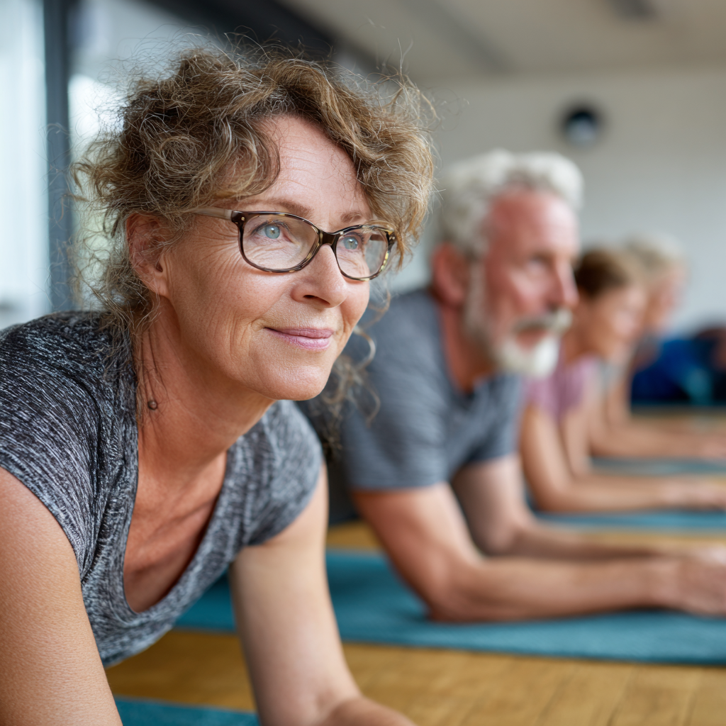 Middle-aged adults engaging in stability and flexibility training with professional guidance