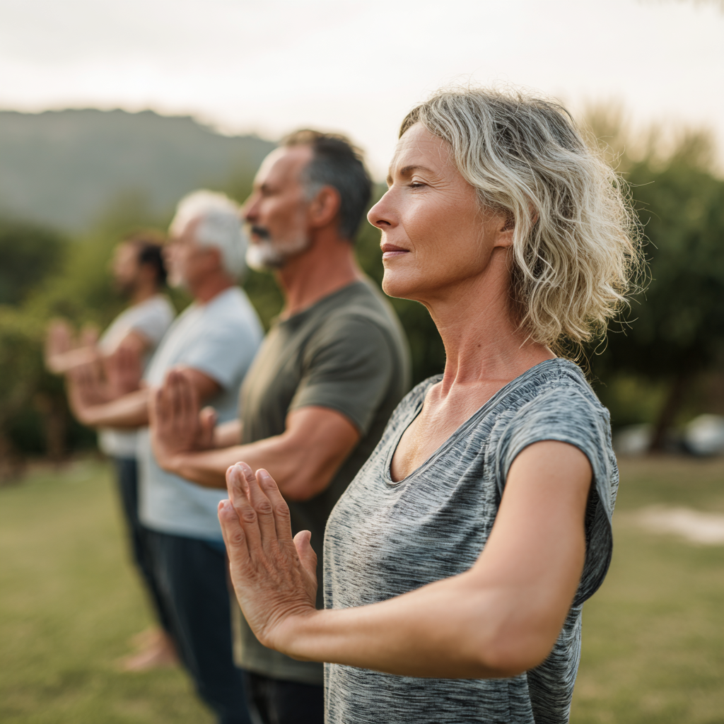 Middle-aged adults practicing gentle movement exercises in natural outdoor setting