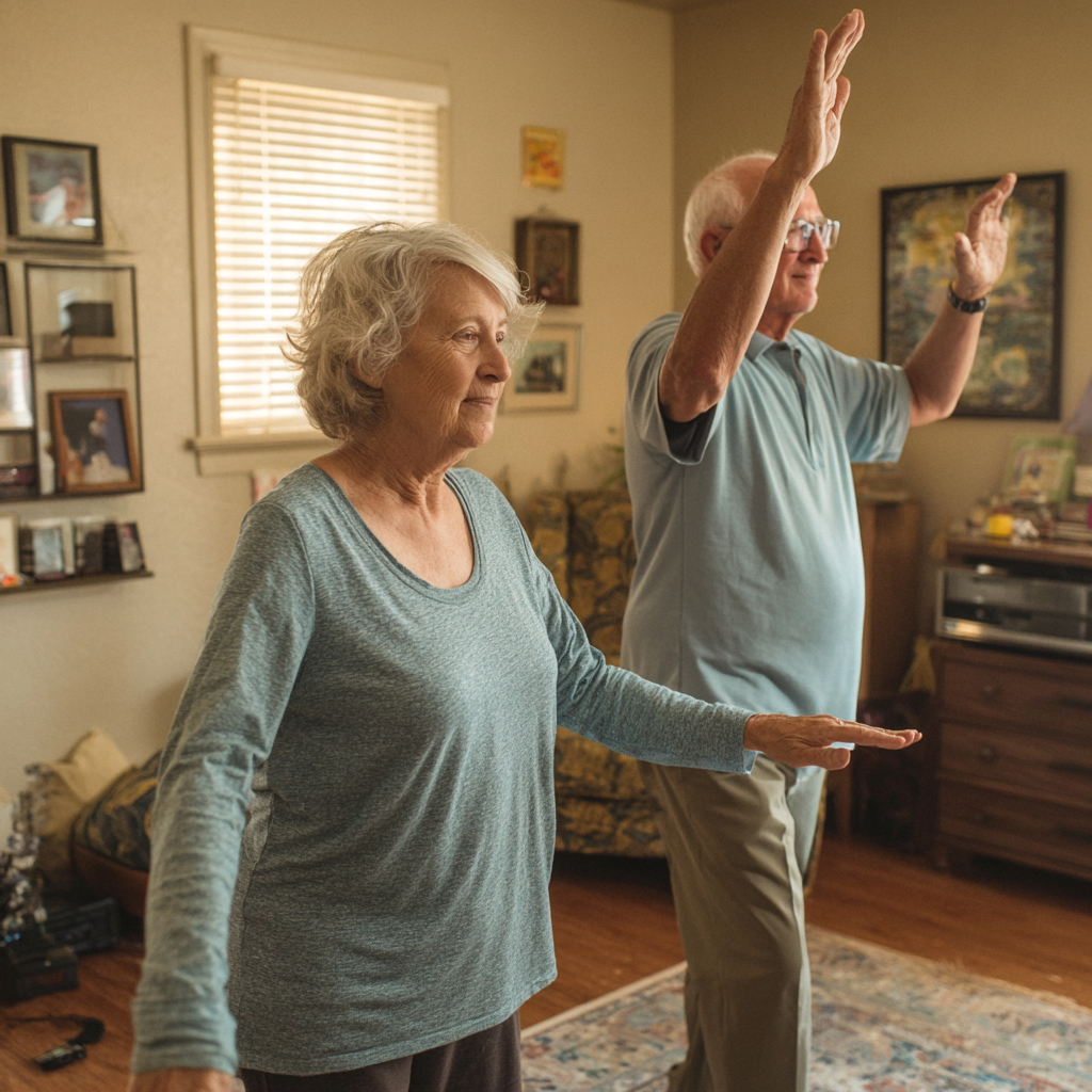 Older adults following daily movement routine at home with blenorast guidance